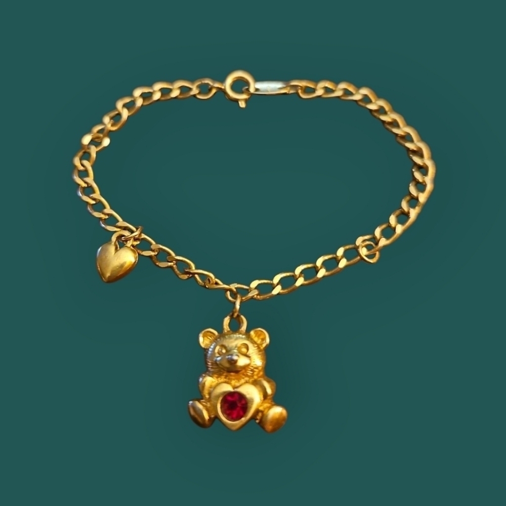 Vtg AVON Gold Bear Ruby Crystal Birthstone Charm Girl's Bracelet